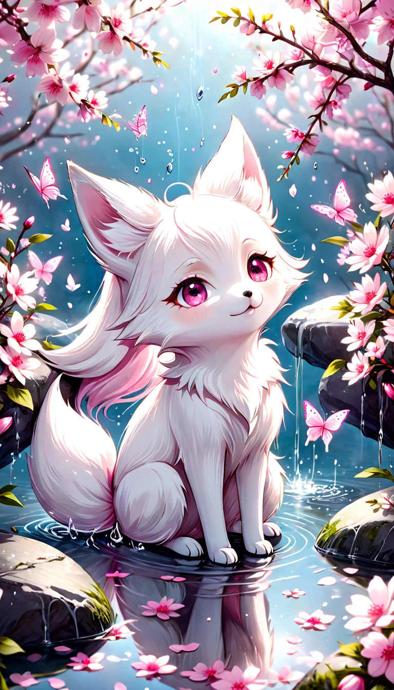absurdres, highres, ultra detailed, HDR, master piece, best quality, extremely detailed, white fox, solo, cute, small, fantasy, magical, magic, pink butterflies, pink petals, pink flowers, water, blossoms