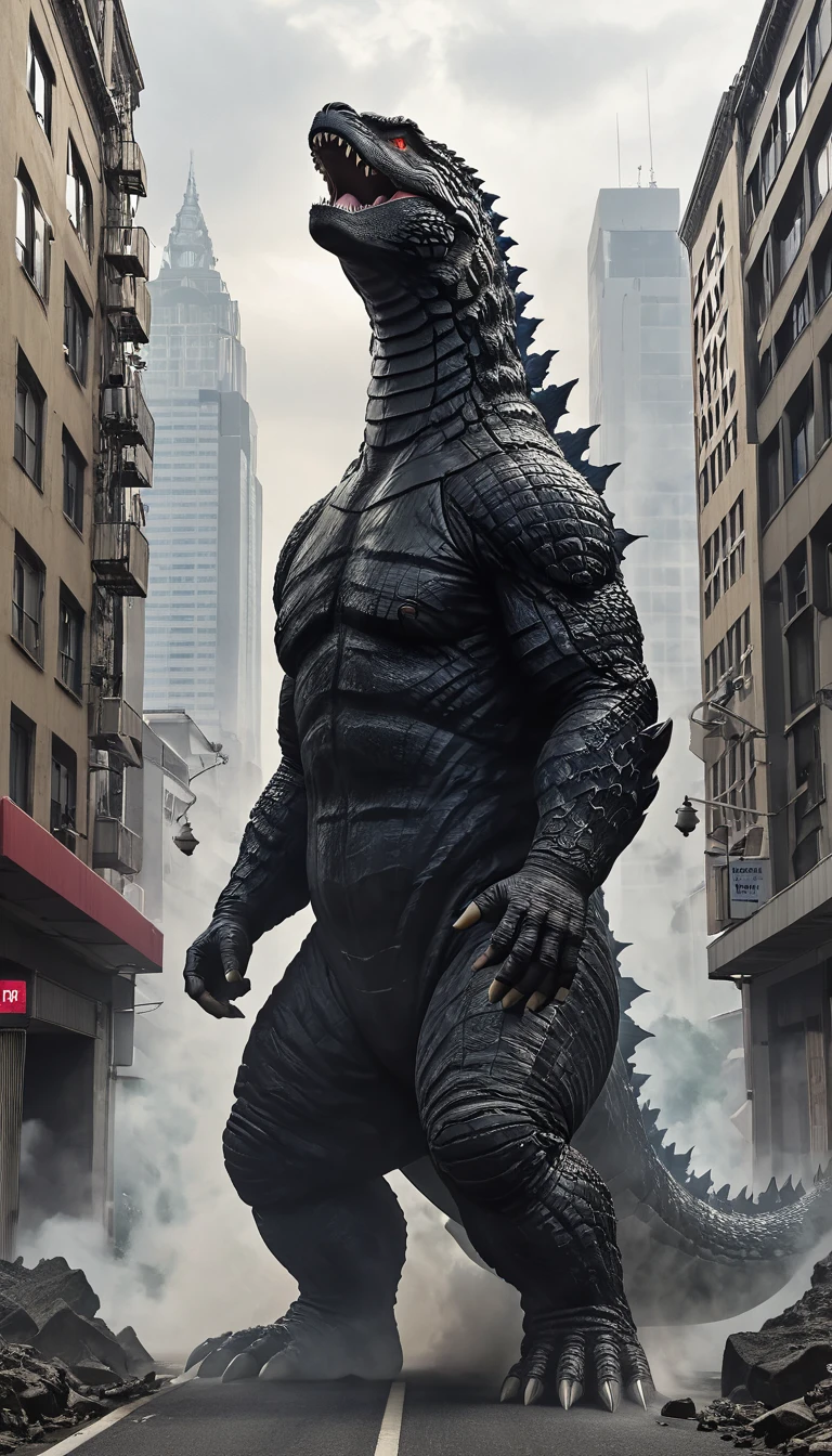 Godzilla、25 meters、70's、Streetscape、Tokyo、Look Up、bark、The tail dances