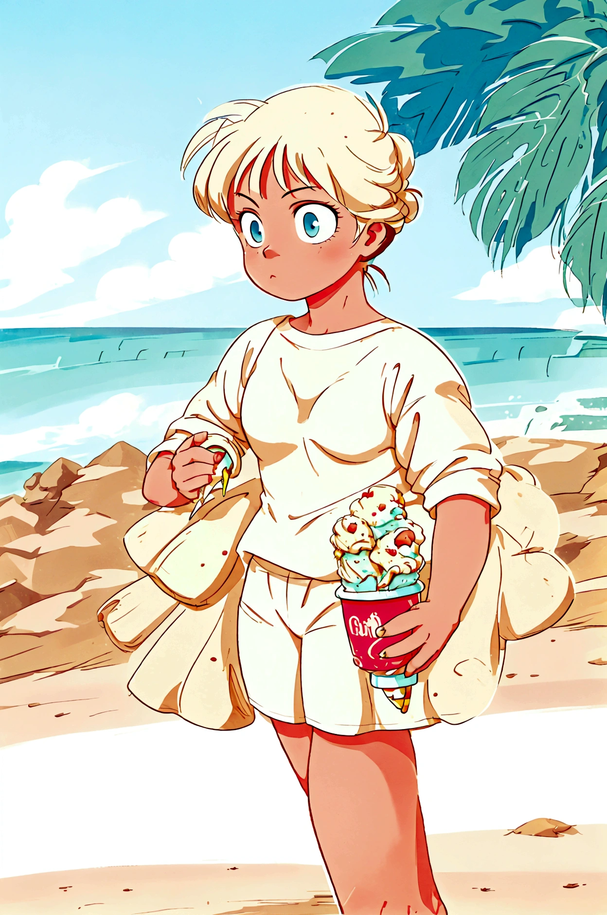 A girl in a simple white tshirt and pants eating ice cream on beach 