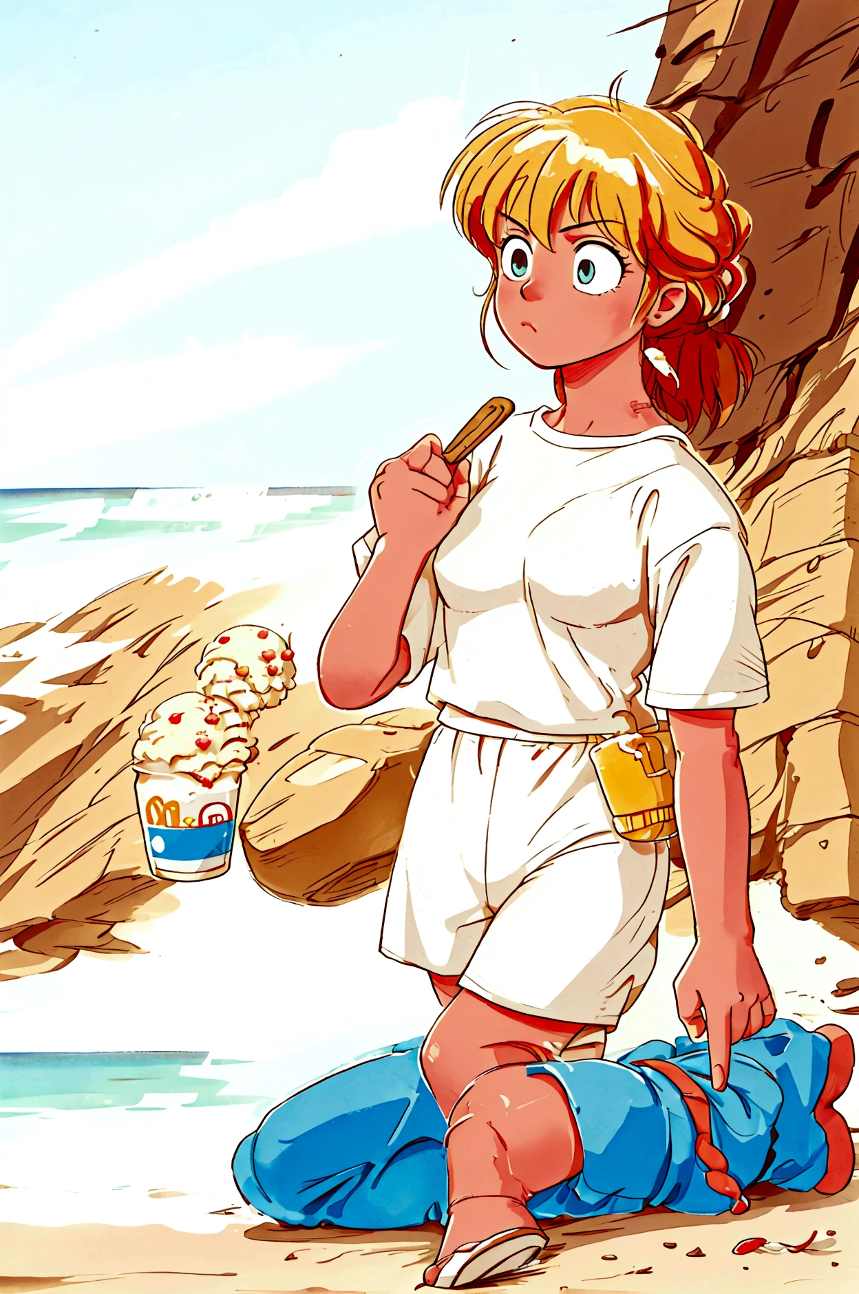 A girl in a simple white tshirt and pants eating ice cream on beach