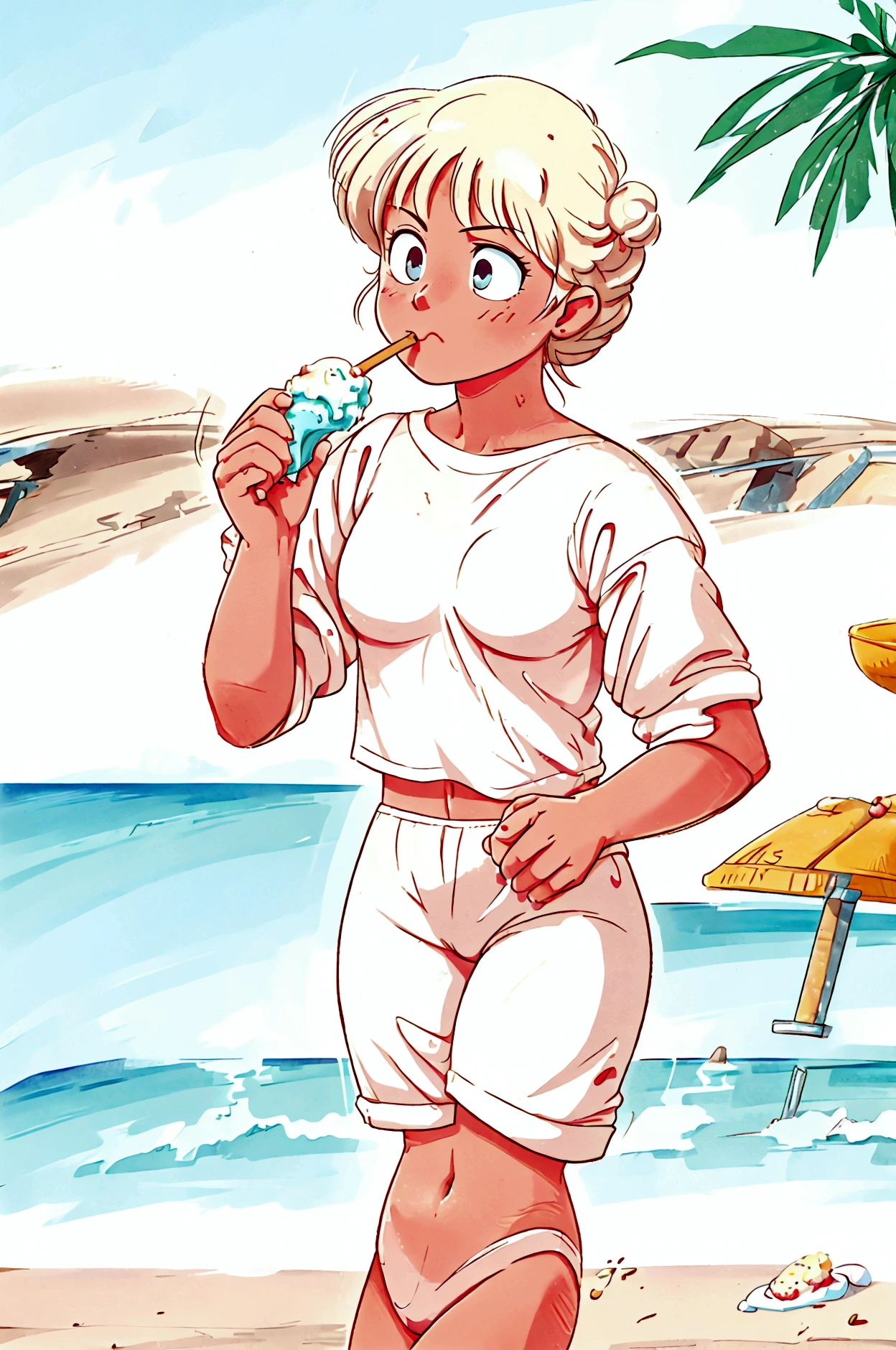 A girl in a simple white tshirt and pants eating ice cream on beach 
