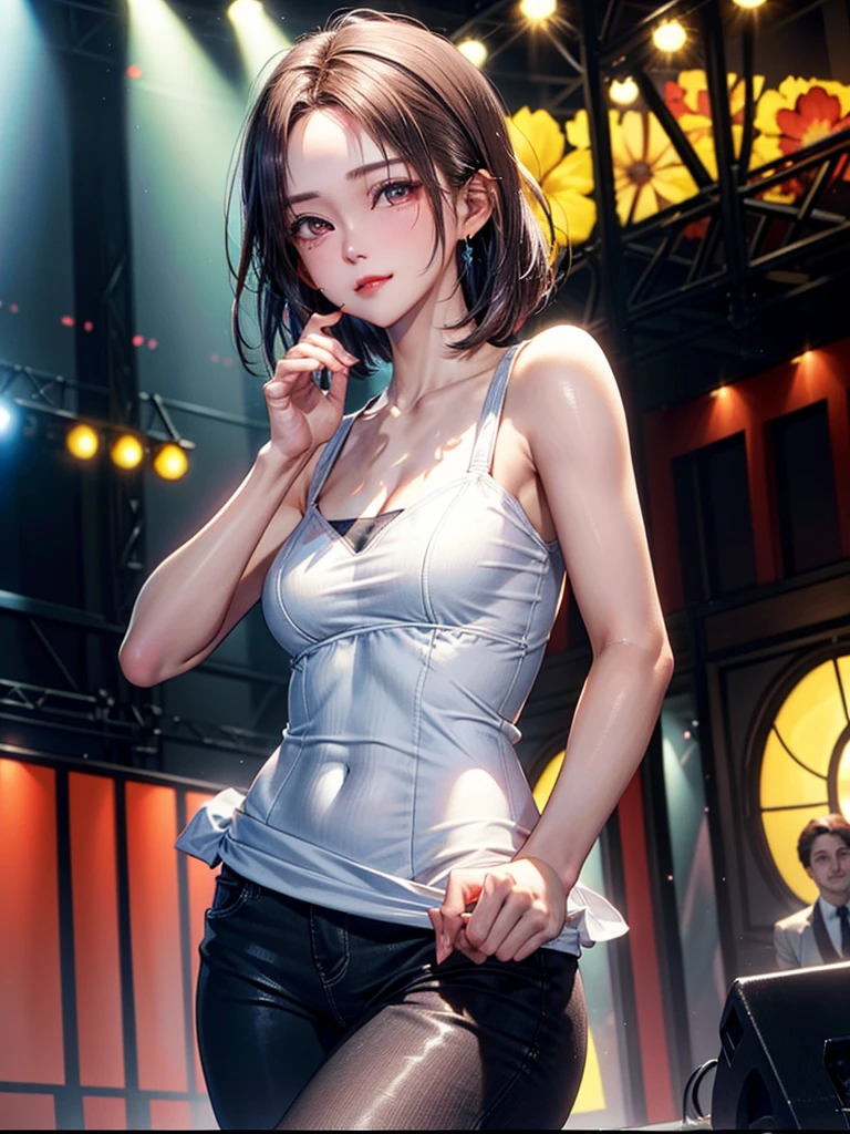 ((Best of the highest quality, 8k, Masterpiece, raw photo: 1.1)), (Sharp focus: 1.1), (1 AESPA, slim body type female, 22 y/o: 1.1), solo, Portrait Waist Up, (realistic, photo-realistic:1.37), face focus, cute face, finely eyes, (short bob hair, updo, forehead: 1.2), (sharp chin, droopy eyes: 1.32), (Emphasize prominent aegyo-sal with bright: 1.28), shimmering eyeshadow applied under the lower lash line, paired with thick, (small breasts, flat chest: 1.2), alternative outfit, walking on stage, microphone, flower,
