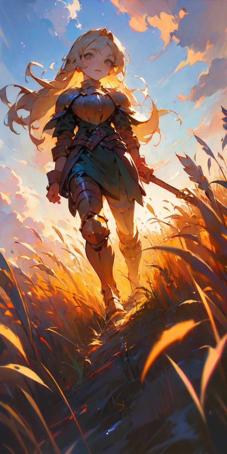 stunning painting of a knight with long blonde hair, wheat field, epic clouds ((painterly)) ((impressionist)) vibrant, soft edges (((warm glow))) full body whole body view from below 1sologirl, feet together, view from below while walking to the viewer