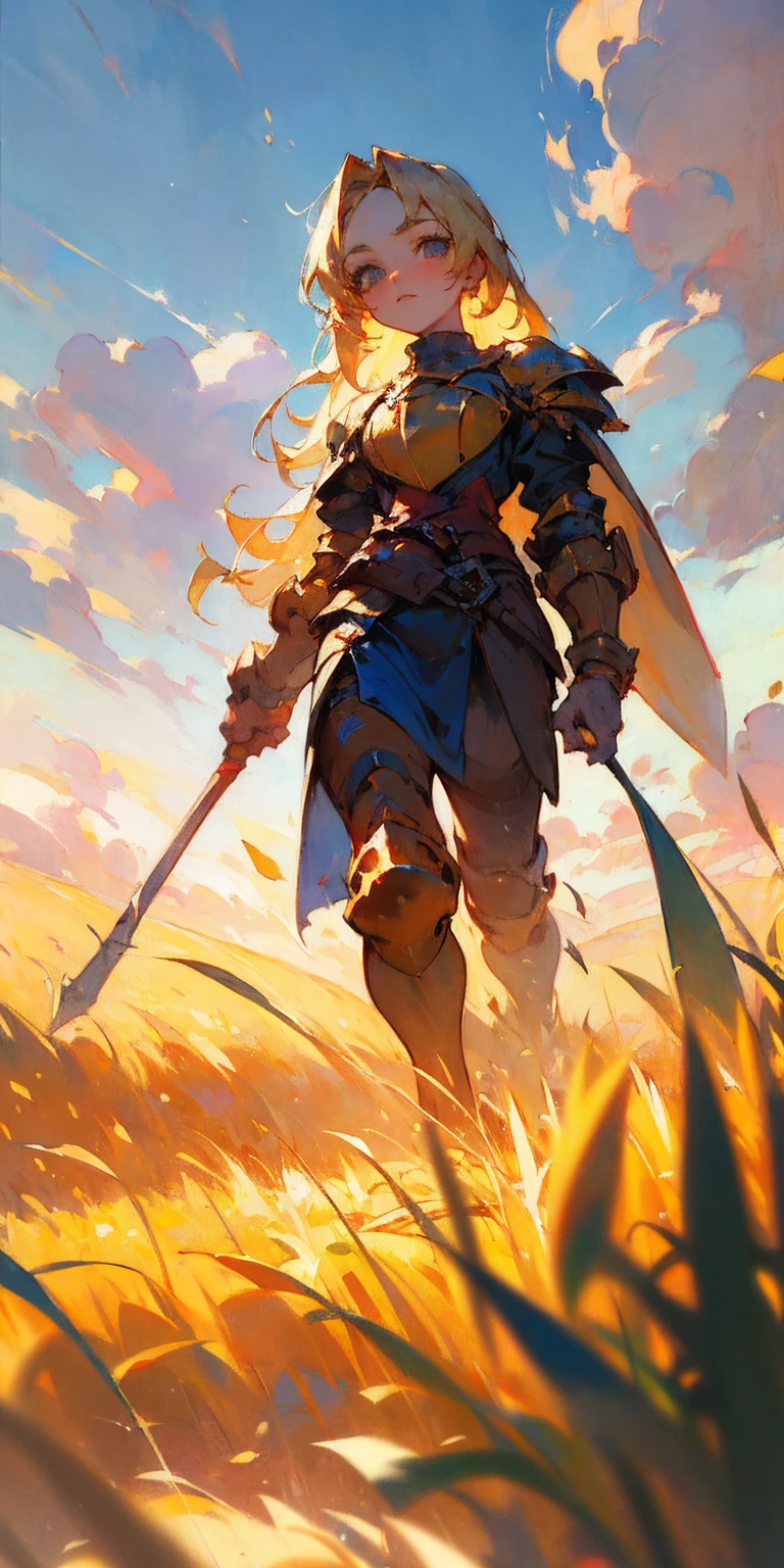stunning painting of a knight with long blonde hair, wheat field, epic clouds ((painterly)) ((impressionist)) vibrant, soft edges (((warm glow))) full body whole body view from below 1sologirl, feet together, view from below while walking to the viewer