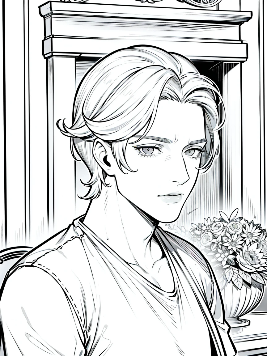 {4 k image}, 1 strong man, 30 years old, shorth hair, with a fleeting glance, sexly, Greek nose and fireplace-shaped lips, looking straight ahead with a neutral expression, {face portrait}, no back ground, manga line art{monochrome}