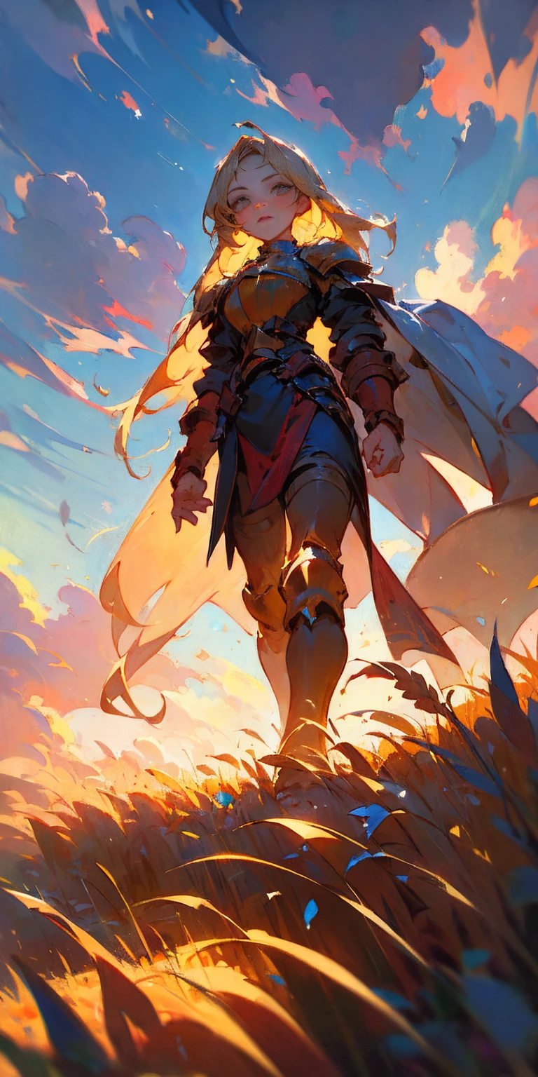 stunning painting of a knight with long blonde hair, wheat field, epic clouds ((painterly)) ((impressionist)) vibrant, soft edges (((warm glow))) full body whole body view from below 1sologirl, feet together, view from below while walking to the viewer