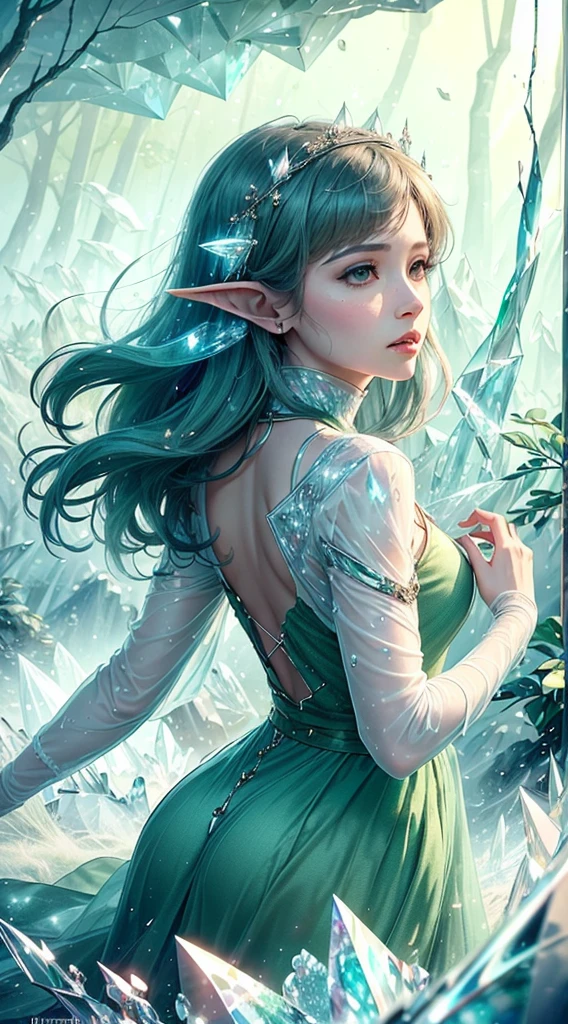 (Masterpiece, Top Quality, Best, Official Art, Beautiful and Aesthetic, Long Exposure: 1.2), Smooth Movement, Charming Patterns, 1 Girl, (Long Dress with Sleeves: 1.3), (((Green Clothes) )), upper body close-up, bare shoulders, Chinese girl, blush, black lob hair, portrait, solo, upper body, looking at the observer, detailed background, detailed face, (crystallineAI, crystalline theme:1.1), elemental wood elf, rotation foliage, control foliage, emerald clothing, dynamic pose, floating particles, ethereal dynamics, foliage, vapor, forest in the background, green tint, forest, ethereal atmosphere,