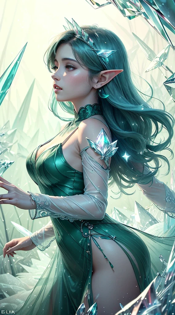 (Masterpiece, Top Quality, Best, Official Art, Beautiful and Aesthetic, Long Exposure: 1.2), Smooth Movement, Charming Patterns, 1 Girl, (Long Dress with Sleeves: 1.3), (((Green Clothes) )), upper body close-up, bare shoulders, Chinese girl, blush, black lob hair, portrait, solo, upper body, looking at the observer, detailed background, detailed face, (crystallineAI, crystalline theme:1.1), elemental wood elf, rotation foliage, control foliage, emerald clothing, dynamic pose, floating particles, ethereal dynamics, foliage, vapor, forest in the background, green tint, forest, ethereal atmosphere,