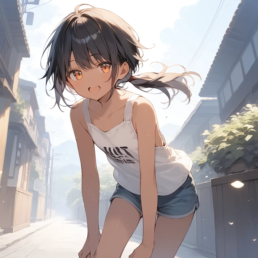score_9, score_8_up, score_7_up, source_anime, best quality, masterpiece, official art, absurdres, highres, ultra-detailed,waifu2x,Collection: Slice of Life,break,1girl, tomboy, dark-skinned female, short hair, low ponytail, flat chest, beautiful detailed eyes, short shorts, sweat, open mouth, (yawn:0.3), sleepily, outdoors, wind,break,(clear line illustration:1.2), super detailed skin,very high resolution, very aesthetic, Best sexual lighting powered by famous artist, 8k,cute picture,beauty illustration,photoshop_(medium),,(Detailed Lighting),best anime 8k konachan wallpaper, pixiv contest winner,