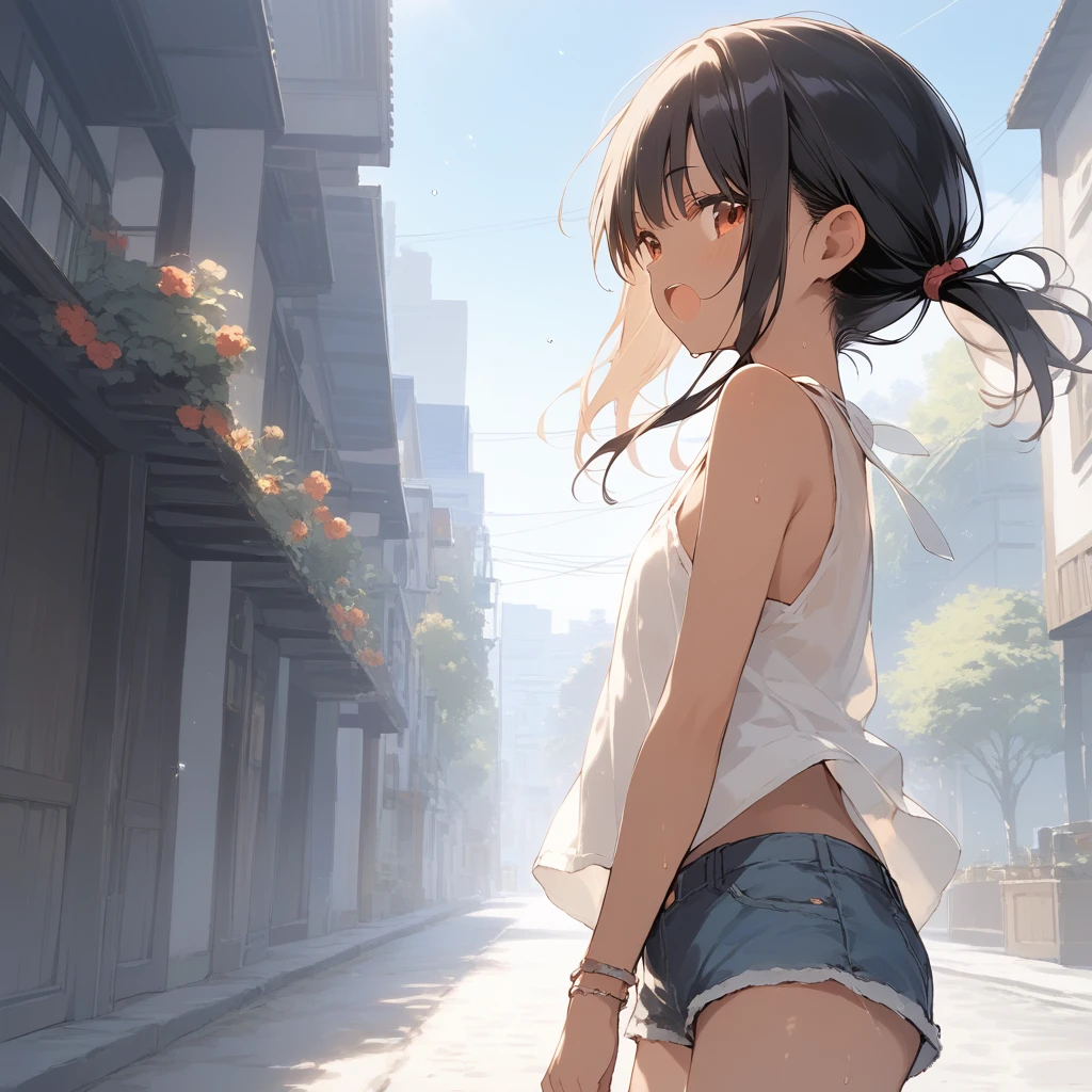 score_9, score_8_up, score_7_up, source_anime, best quality, masterpiece, official art, absurdres, highres, ultra-detailed,waifu2x,Collection: Slice of Life,break,1girl, tomboy, dark-skinned female, short hair, low ponytail, flat chest, beautiful detailed eyes, short shorts, sweat, open mouth, (yawn:0.3), sleepily, outdoors, wind,break,(clear line illustration:1.2), super detailed skin,very high resolution, very aesthetic, Best sexual lighting powered by famous artist, 8k,cute picture,beauty illustration,photoshop_(medium),,(Detailed Lighting),best anime 8k konachan wallpaper, pixiv contest winner,