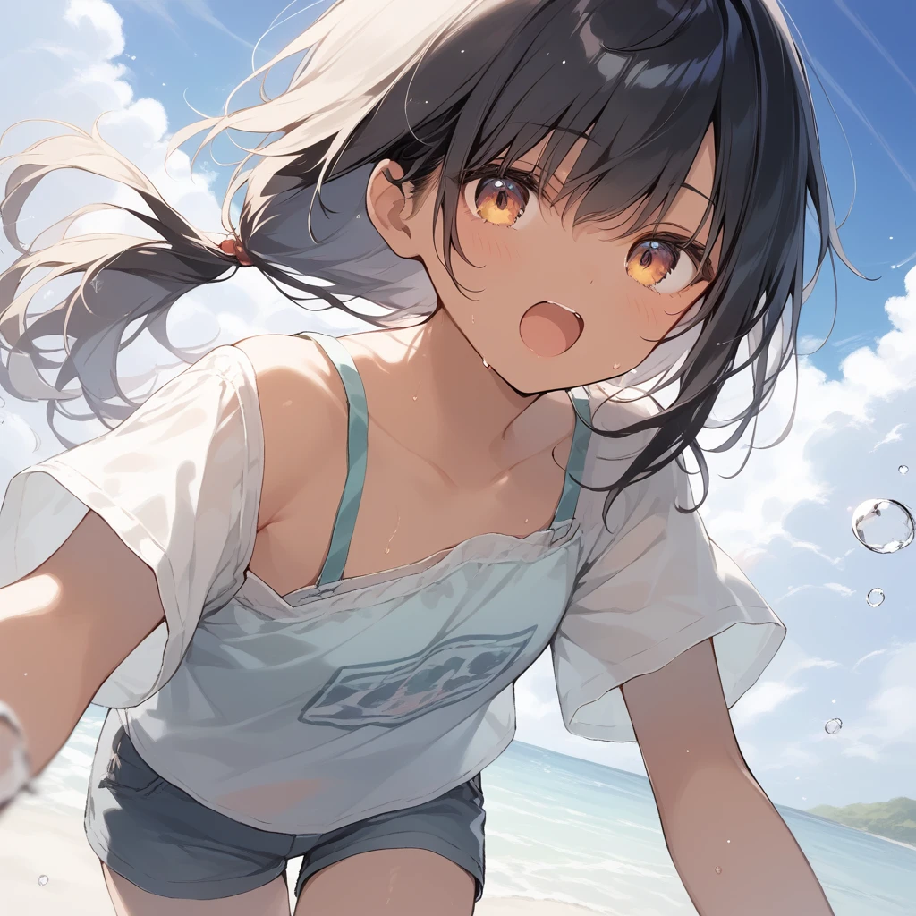score_9, score_8_up, score_7_up, source_anime, best quality, masterpiece, official art, absurdres, highres, ultra-detailed,waifu2x,Collection: Slice of Life,break,1girl, tomboy, dark-skinned female, short hair, low ponytail, flat chest, beautiful detailed eyes, short shorts, sweat, open mouth, (yawn:0.3), sleepily, outdoors, wind,break,(clear line illustration:1.2), super detailed skin,very high resolution, very aesthetic, Best sexual lighting powered by famous artist, 8k,cute picture,beauty illustration,photoshop_(medium),,(Detailed Lighting),best anime 8k konachan wallpaper, pixiv contest winner,