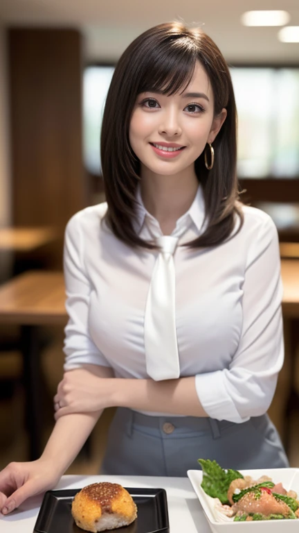 （masterpiece）、(Highest quality:1.5)、(Photorealistic:1.2)、(Surreal), (High resolution), (Realistic), (Post-processing),(Sharp focus), Sharp focus:1.2,Backlight, (Improvement of quality:1.4), (Narrow waist)、Big Ass、((Perfectly detailed five-fingered hands)),（Anatomically correct body）、((1 female:1.4))、Japanese、Realistic Skin、（Small chest：1.4）、Bust size is A cup、Pretty woman with perfect figure:1.4,(from the front:1.5), (Enhances the beauty of skin texture:1.1),No makeup、美しいBlack Hair、The best smile、Natural color lip、(Small Mouth:1.4)、The mouth is not open、Thick lips、(Oval Face)、Even bangs、Hide eyebrows with bangs、((33-year-old woman))、Bob Hair、Hair blowing in the wind, (Black Hair, Iris, Watery eyes, Shining Eyes, Bob Cut Hair, Small earrings,), Hair behind the ear、No makeup、(Drooping eyes)、(((One lovely woman)),((A big friendly smile)),(( Small breasts,Small breastsの谷間)),((((Plump Cheeks)))),((whole body：1.５)),very cute,(Baby Face),高級restaurantで、full-course dinner、Wine Party、Bright image、The beauty of wine, Beautiful Face,  red wine 、Appetizers、Italian food、Wine bottle、Champagne、sparkling wine、(slimな顔), (The body is slim),restaurant,  White wine, slim, wine glass, 中央に置かれたwine glass,  Beautiful fine grain, Depth f/2,saturation, High Contrast, Strong light and shadow,Moist Body:1.5、3D texture、Delicate eyes、((In front of the food on the table：1.5)）、White collar shirt and tie、erious expression