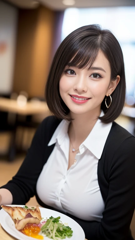 （masterpiece）、(Highest quality:1.5)、(Photorealistic:1.2)、(Surreal), (High resolution), (Realistic), (Post-processing),(Sharp focus), Sharp focus:1.2,Backlight, (Improvement of quality:1.4), (Narrow waist)、Big Ass、((Perfectly detailed five-fingered hands)),（Anatomically correct body）、((1 female:1.4))、Japanese、Realistic Skin、（Small chest：1.4）、Bust size is A cup、Pretty woman with perfect figure:1.4,(from the front:1.5), (Enhances the beauty of skin texture:1.1),No makeup、美しいBlack Hair、The best smile、Natural color lip、(Small Mouth:1.4)、The mouth is not open、Thick lips、(Oval Face)、Even bangs、Hide eyebrows with bangs、((33-year-old woman))、Bob Hair、Hair blowing in the wind, (Black Hair, Iris, Watery eyes, Shining Eyes, Bob Cut Hair, Small earrings,), Hair behind the ear、No makeup、(Drooping eyes)、(((One lovely woman)),((A big friendly smile)),(( Small breasts,Small breastsの谷間)),((((Plump Cheeks)))),((whole body：1.５)),very cute,(Baby Face),高級restaurantで、full-course dinner、Wine Party、Bright image、The beauty of wine, Beautiful Face,  red wine 、Appetizers、Italian food、Wine bottle、Champagne、sparkling wine、(slimな顔), (The body is slim),restaurant,  White wine, slim, wine glass, 中央に置かれたwine glass,  Beautiful fine grain, Depth f/2,saturation, High Contrast, Strong light and shadow,Moist Body:1.5、3D texture、Delicate eyes、((In front of the food on the table：1.5)）、White collar shirt and tie、erious expression