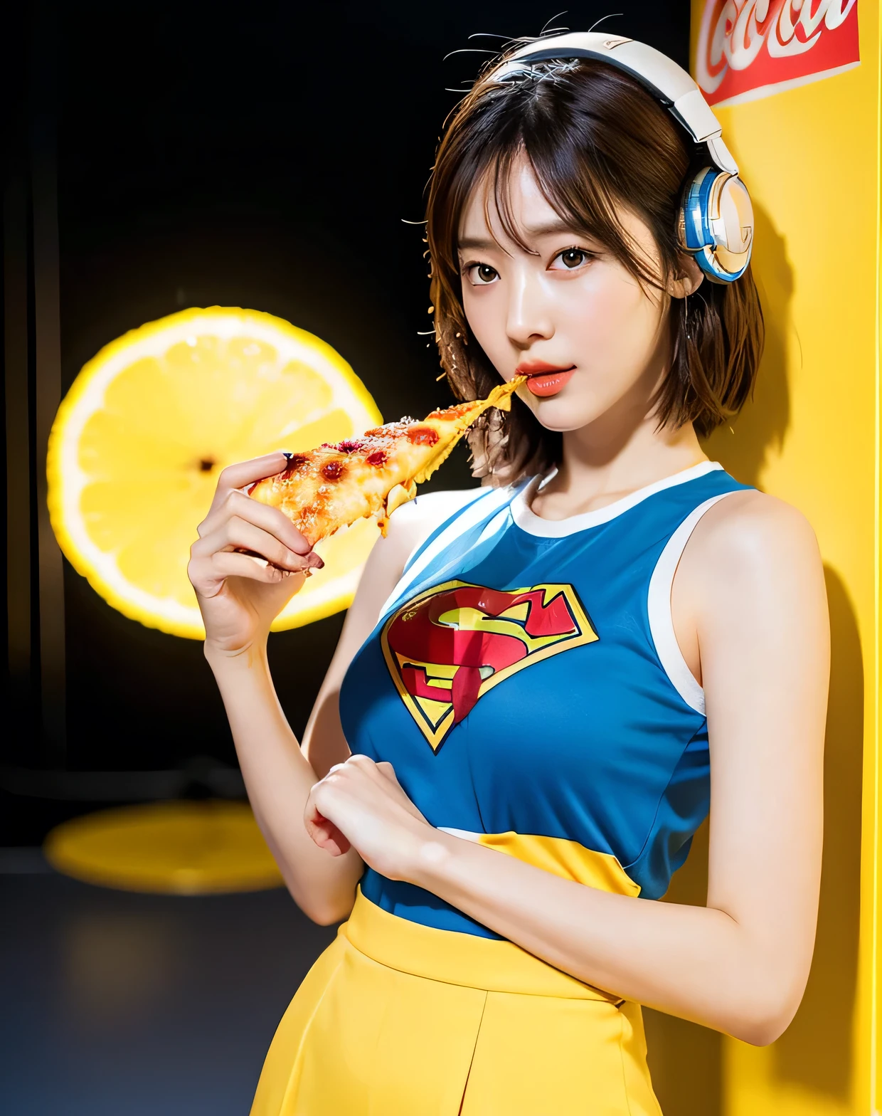 Realistic, 8K, masterpiece, RAW Photos, Highest quality, Realistic, Highly detailed CG Unity 8k wallpaper, Written boundary depth, Cinematic Light, Lens flare, Ray Tracing, Perfect lighting,short hair, (Delicate skin), (Delicate face), (Pop Background :1.1), Person standing and watching、Comical movement,1 female,Supergirl Costume、Headphones,(Yellow background),Modern Style,Artistic,Moving configuration,Unique Pattern,Bold Texture,colorful,Imaginative,Whimsical,Vibrant,like々Shii,Playful,Vibrant,creative,Expressive,stylish,tendency,One Girl,Eating pizza、Coca-Cola Poster、Lemon on the background
