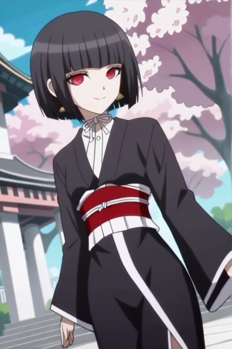 sauce_anime, score_9, score_8_superior, score_7_superior, anime screencap,8K, Absurd resolution, 
Celestia Ludenberg, Bobcut, blunt bangs, short hair, bangs, Black Hair, Red eyes,
kimono, Temple, cherry blossoms, smile, View your viewers, Cowboy Shot, Dutch Angle, 
 