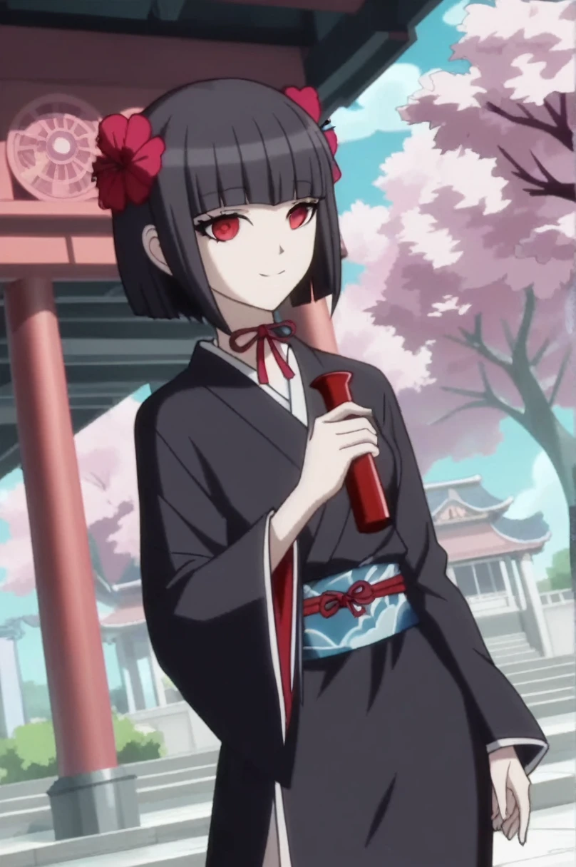 sauce_anime, score_9, score_8_superior, score_7_superior, anime screencap,8K, Absurd resolution, 
Celestia Ludenberg, Bobcut, blunt bangs, short hair, bangs, Black Hair, Red eyes,
kimono, Temple, cherry blossoms, smile, View your viewers, Cowboy Shot, Dutch Angle, 
 