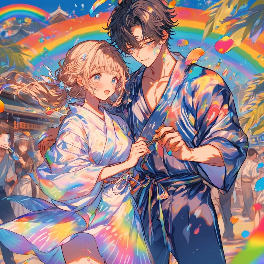 Stripを見つめ合うTwo people、Two people、tanabata、Strip、Bamboo leaf、Wishing on Strip、Grilling in a yukata,fluid,Particles of light, dream-A girl hugs a boy like,Sparkling,dream-like glow,Paint drips,oil,strong stroke,Paint drips,Splash Paint Drop, oil,(Abstract:1.2)A girl and a boy made up of(tanabataライトトレース:1.25),Change to (Radioluminescence light tracking) スタイルtanabataのSummer festival,Two people are Orihime and Hikoboshi(Cowboy Shot),Temple Fair,Summer festival,Shining in rainbow colors、16K, Ultra-high resolution, to be born,wonderful ,future、iridescent、The world 30 years from now。