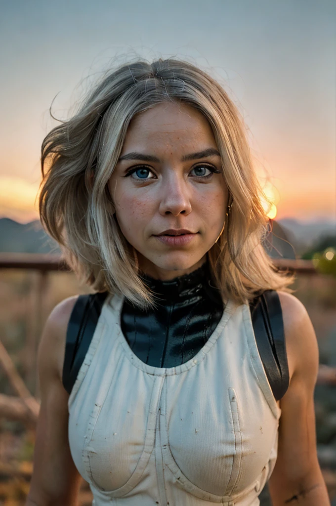 (masterpiece), (extremely intricate:1.3), (realistic), beautiful lighting, solo, looking at viewer, blue eyes, platinum blonde hair, (cowboy shot), (black saiyan armor), black bodysuit,  mountain background, 1girl, upper body, white skin, sharp focus, dramatic, award winning, cinematic lighting, octane render, unreal engine, volumetrics dtx, (film grain, blurry background, blurry foreground, bokeh, depth of field, sunset, motion blur:1.3), young, from below,