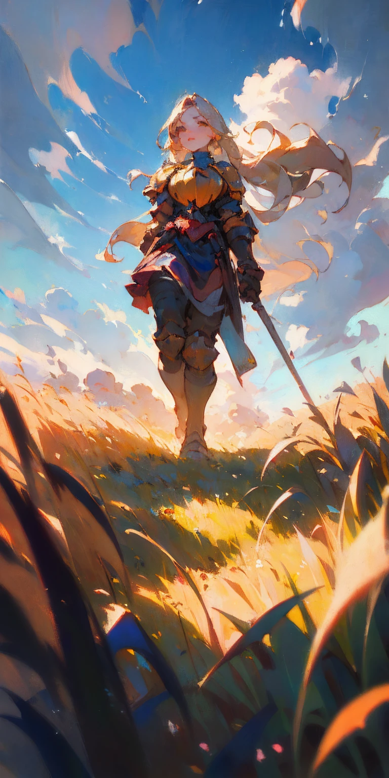 stunning painting of a knight with long blonde hair, wheat field, epic clouds ((painterly)) ((impressionist)) vibrant, soft edges (((warm glow))) full body whole body view from below 1sologirl, feet together, view from below while walking to the viewer