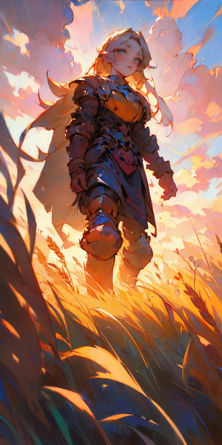 stunning painting of a knight with long blonde hair, wheat field, epic clouds ((painterly)) ((impressionist)) vibrant, soft edges (((warm glow))) full body whole body view from below 1sologirl, feet together, view from below while walking to the viewer