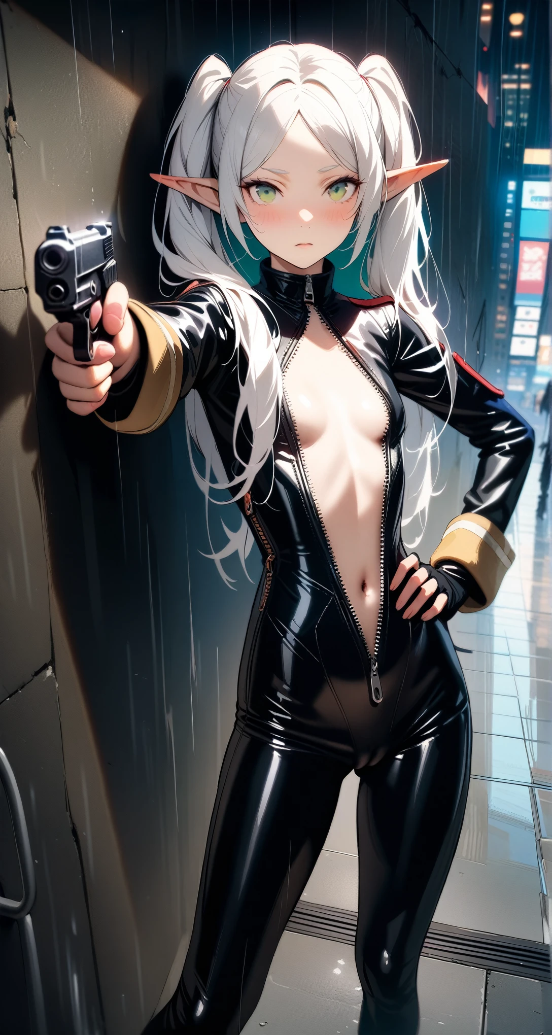 high-key and low-variance brightness scale,soft light,realistic light and shadow,light and dark interlaced,(aiming at viewer:1.4),looking at viewer,dramatic angle,(solo:1.6),
(masterpiece),(best quality),(highres),(by famous artist),(((official art))),(by Paul Hedley),(illustration),
1girl,(frieren),(elf),agent female,
(small breasts:1.3),(cameltoe),(whole body),(round face),(pointy ears),(slim legs),(skinny body),(detailed beautiful face),lustrous skin,shiny skin,(articulated fingers),navel,stomach
(black latex bodysuit:1.4),(zipper,center opening, unzipped,cleavage:1.3),long sleeves,gloves,leather pants,leather boots,
indoor,(cyberpunk city,kowloon,rain),(against the wall),
((expressionless)),blush,((standing)),handgun,(holding pistol :1.4),hand on hip,
(green eyes:1.3),
(white hair),long hair,twintails,parted bangs,(reflective hair),