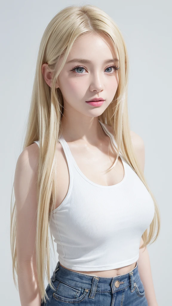 (((Tank top、Shorts、White background、Cowboy Shot、Blonde)))、forehead、Northern Europe、Russia、beautiful girl、Platinum Blonde Hair、Straight long hair、Hitting the face and front of the eyes、Big blue eyes、Northern Europeの若者、Glowing Skin、Young and beautiful skin、A perfect and beautiful little face、Bright makeup、Pale pink lips、Bright expression、、lipstick、Golden Hour Lighting、Bokeh Atmosphere Perspective、detailed、Movie Light、複雑なdetailed、High resolution、 フェイスデザインのdetailedな特徴、Attention to detail、Big Breasts