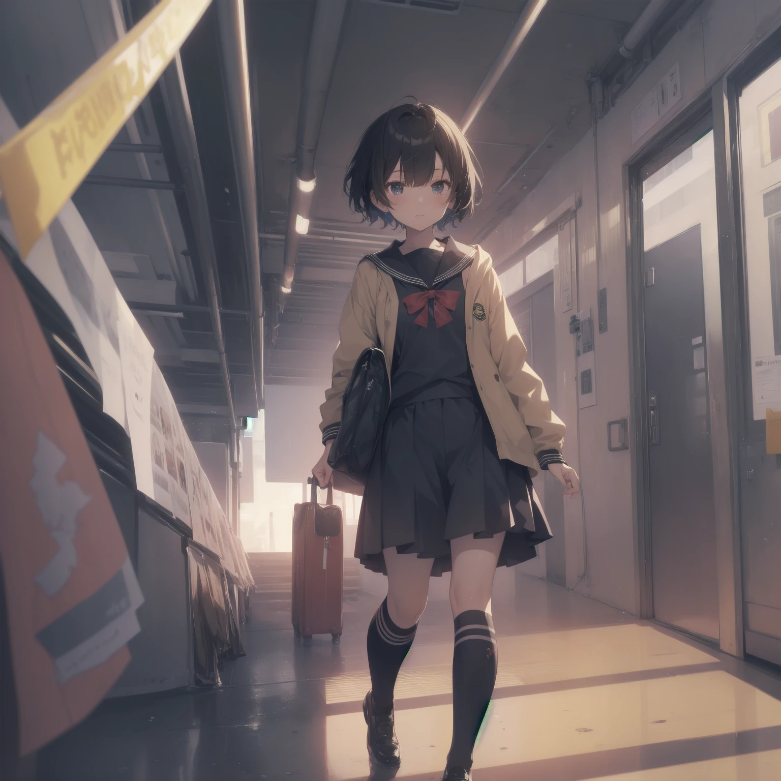 ultra-absurdres-Top quality by artist God, ultra-detailed, high resolution, anime moe artstyle, best anime 8k konachan wallpaper, pixiv contest winner, pool:2810, perfect anatomy,break, 1girl, (Please draw a girl walking sleepily to school alone. )break,(Solo,little female, 13-year-old:1.3),Full limbs, complete fingers,a junior high school student, (very short hair), short cut, flat chest, , small butt, small black eyes, beautiful detailed eyes, well-proportioned iris and pupils, expressive eyes, highres detailed hair, soft expression, salor school_uniform, sailor collar, serahuku, bow, pleated skirt,(Detailed Lighting), (Detailed background), in the School commute route. break,super detailed skin, Best cinematic lighting powered by famous artist, 8k,beauty illustration,photoshop_(medium),very aesthetic,break,((artist:hana_kazari )), artist:clamp ,artist:carnelian ,artist:kantoku ,
