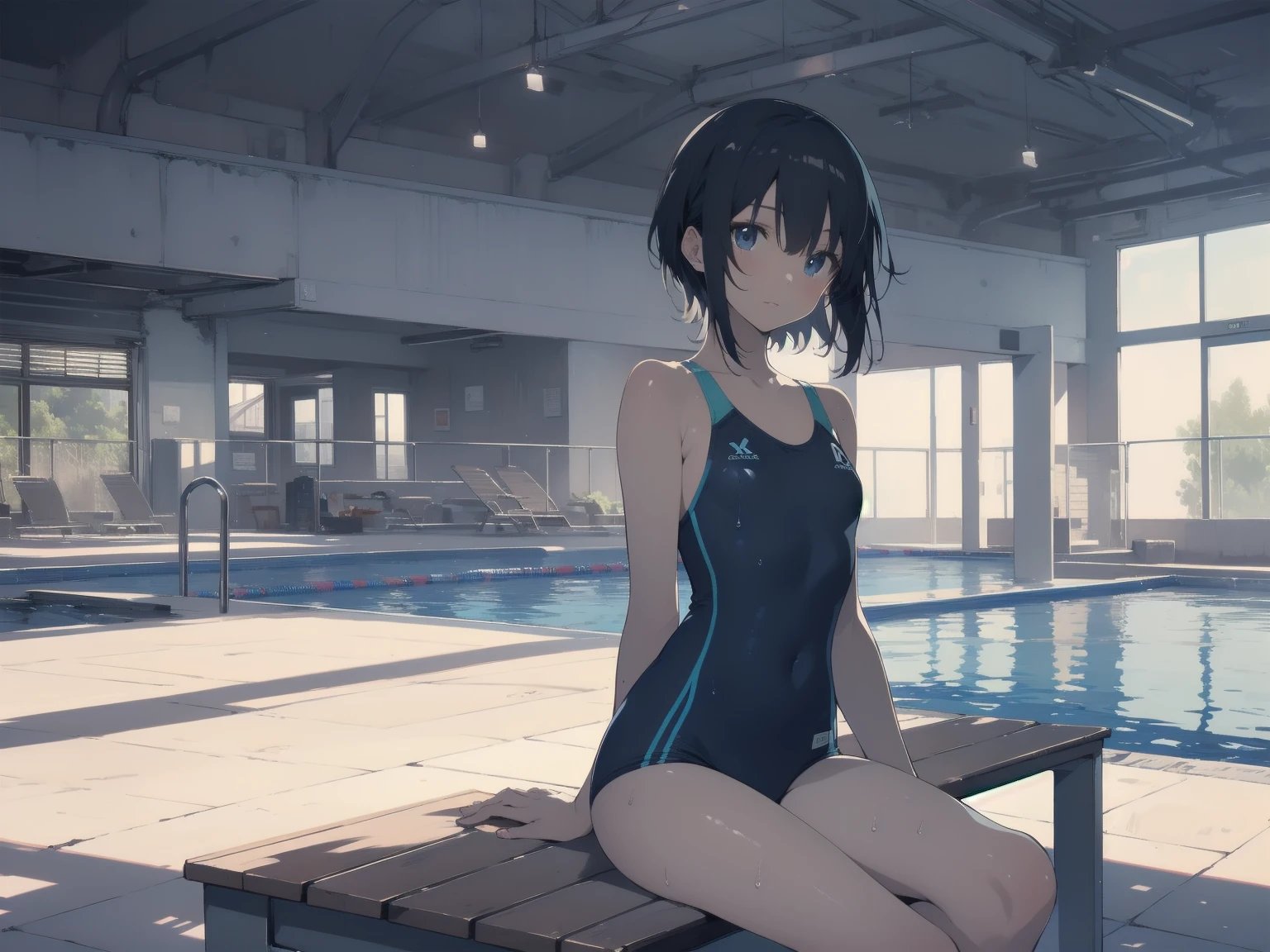 ultra-Top-quality by art God, ultra-detailed, high resolution, shinkai makoto style, anime moe artstyle, best anime 8k konachan wallpaper, pixiv contest winner, perfect anatomy, break,(Please draw a picture of a girl in a swimsuit sitting on a bench by the poolside alone.),break, a hyperrealistic school girl, parted lips, (Solo,lolita, ???, 13-year-old:1.3),Full limbs, complete fingers, androgynous charm, very short hair, wet hair, small breasts,slender body, Small butt, groin, Small black eyes,hanme,beautiful detailed eyes, well-proportioned iris and pupils, sleepily, highres detailed hair, swimsuit, wet swimsuit, bare shoulders, thighs,  in the school pool. break,dewy skin, perspiration on the skin,skin texture, fine lines, pores, natural imperfections,light reflections, glossy skin, shiny skin,break,super detailed skin, shiny skin, Best lighting powered by famous artist, 8k, illustration,UHD, textured skin,break,((artist:toosaka_asagi )), artist:clamp ,artist:carnelian ,artist:kantoku ,