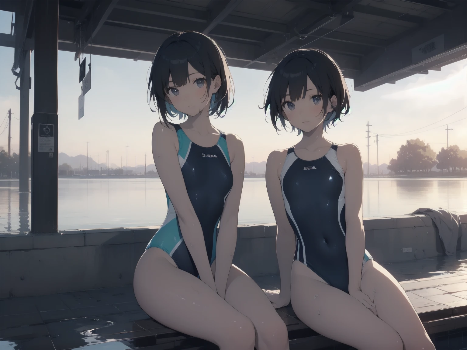 ultra-Top-quality by art God, ultra-detailed, high resolution, shinkai makoto style, anime moe artstyle, best anime 8k konachan wallpaper, pixiv contest winner, perfect anatomy, break,(Please draw a picture of a girl in a swimsuit sitting on a bench by the poolside alone.),break, a hyperrealistic school girl, parted lips, (Solo,****ta, kid, 13-year-old:1.3),Full limbs, complete fingers, androgynous charm, very short hair, wet hair, small breasts,slender body, Small butt, groin, Small black eyes,hanme,beautiful detailed eyes, well-proportioned iris and pupils, sleepily, highres detailed hair, swimsuit, wet swimsuit, bare shoulders, thighs,  in the school pool. break,dewy skin, perspiration on the skin,skin texture, fine lines, pores, natural imperfections,light reflections, glossy skin, shiny skin,break,super detailed skin, shiny skin, Best lighting powered by famous artist, 8k, illustration,UHD, textured skin,break,((artist:toosaka_asagi )), artist:clamp ,artist:carnelian ,artist:kantoku ,