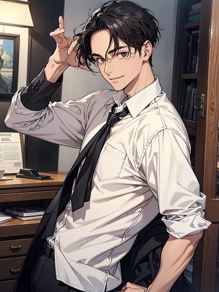 Man in his 40s, Forehead, Very short hair, A kind smile, One Man, Portrait from chest up, Very short black hair, Old man in clothes, Please open your eyes a little, Male hand,Man&#39;s face,Male eyebrows, Male Eyes, Sharp Nose ,Long Nose, Slicked back hairstyle, Black butler uniform, Iris, walking , A kind smile, Reminiscent of a novel cover, Dramatic lighting, Emphasize the contrast between light and shadow, (Official Art, Highest quality、unity 8k wallpaper、32k、masterpiece、Very detailed, grab your hair with your hands, Cinema Lighting, Isekai Tensei, anime,Beautiful light shining through the window, sense of cleanliness,