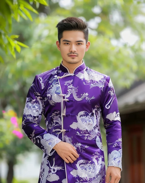 Haraf man looking at camera, perfect has a round face, man with round face, Southeast Asian man with a round face, Profile picture, charming anime,ภาพสามมิติ 8K,45 high quality colored lights,000,000,000 pixels, photo, post-trade photo, animation, The character is in her natural pose., Southeast Asian man with a round face, Profile picture 3-D, 8K, 45,000,000 pixcls, Cloak with gold letters, Cheongsam, cloth coatที่ได้แรงบันดาลใจจากมังกร, Chinese dress, Chinese dress, with ancient Chinese clothes, Wearing a red, gilded robe, Tailoring a suit according to tradition, cloth coat, Wear a red formal dress