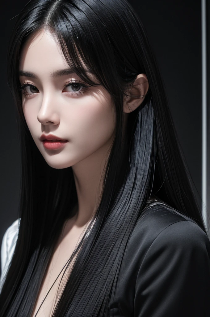 (best quality:1.4),(masterpiece:1.4),(photorealistic:1.4),(ultra high res, raw photo:1.4),(hdr, hyperdetailed:1.2),close up, 1woman,(black long straight hair:1.4), close up, model effect, dark void
