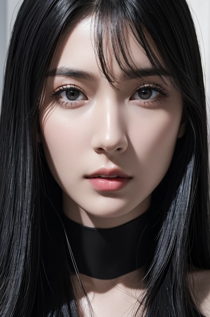 (best quality:1.4),(masterpiece:1.4),(photorealistic:1.4),(ultra high res, raw photo:1.4),(hdr, hyperdetailed:1.2),close up, 1woman,(black long straight hair:1.4), close up, model effect, dark void