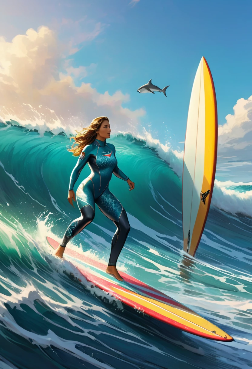 female Shark, dressed like girl, Surfing suit, surfboard, sea, waves, Dressed animals page, full body, cinematic still, cinemascope, best quality, masterpiece, very aesthetic, perfect composition, intricate details, ultra-detailed, vivid colors
