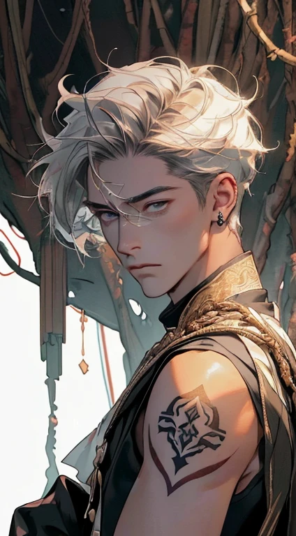 (((8K, RAW photos, Best quality, tmasterpiece: 1.4))), Ultra-high resolution, ultra - detailed, lamplight, Close-up cleavage, Handsome men, gold eyes, (Detailed eyes, The eyes are bright:1.2), Medium long red hair, pale-skinned, ear piercings, Dark, Blackn clothes, Meticulous clothes, gold accessories on clothes, (perfect anatomia:1.2), Highqualityshadow, natural lightting, (White highlights:1.2), natta, overcast day, (arm tattoos:1.2), (starrysky:1.2),Masterpiece, high quality, best quality, HD, realistic, perfect lighting, detailed body, 1 man, dark White hair , face expression, black military suit, in the cave,