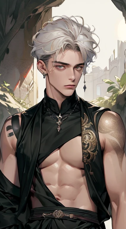 (((8K, RAW photos, Best quality, tmasterpiece: 1.4))), Ultra-high resolution, ultra - detailed, lamplight, Close-up cleavage, Handsome men, gold eyes, (Detailed eyes, The eyes are bright:1.2), Medium long red hair, pale-skinned, ear piercings, Dark, Blackn clothes, Meticulous clothes, gold accessories on clothes, (perfect anatomia:1.2), Highqualityshadow, natural lightting, (White highlights:1.2), natta, overcast day, (arm tattoos:1.2), (starrysky:1.2),Masterpiece, high quality, best quality, HD, realistic, perfect lighting, detailed body, 1 man, dark White hair , face expression, black military suit, in the cave,