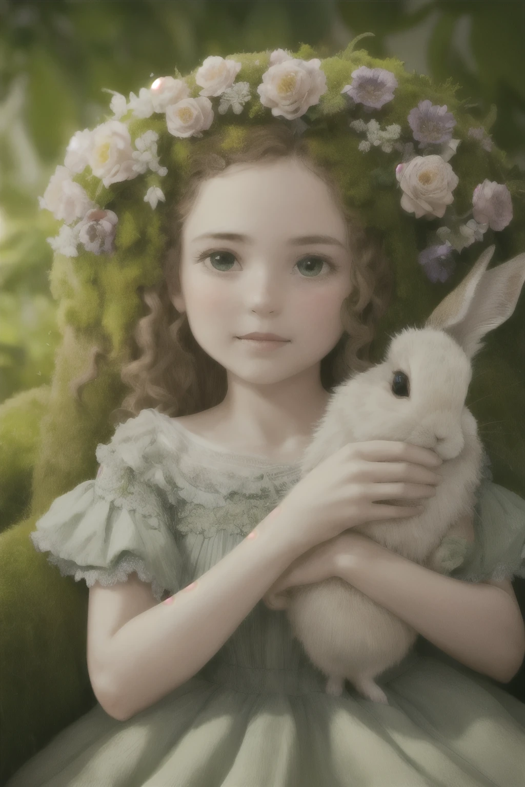 A young girl in a lush, mossy garden, her delicate dress flowing around her like petals, waiting for the night. A fluffy rabbit hops onto her lap, curling up contentedly.

1girl, graceful, elegant, soft mossy bed, flowing petal-like dress, fluffy rabbit, satisfied expression, night setting, detailed face, beautiful eyes, detailed lips, detailed hands and fingers, intricate details, photorealistic, highly detailed, 8k, masterpiece, vibrant colors, dramatic lighting, ethereal, fantasy, whimsical