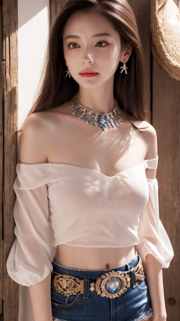 (((Off-the-shoulder blouse with sleeves、Shorts、White background、Cowboy Shot、forehead、Blonde)))、forehead、Northern Europe、Russia、beautiful girl、Platinum Blonde Hair、Straight long hair、Big blue eyes、Northern Europeの若者、Glowing Skin、Young and beautiful skin、A perfect and beautiful little face、Bright makeup、Pale pink lips、Bright expression、lipstick、Golden Hour Lighting、Movie Light、Intricate details、High resolution、 Detailed features of the face design、Big Breasts