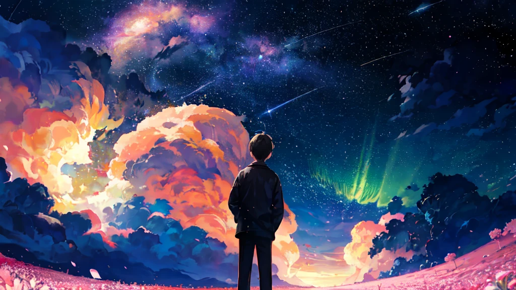 1boy, distant boy staring at the stars, (zoomed out:1.1), (meteor shower:1.2), (comet:1.1), your name, low angle, from behind, aroura borealis, shooting star, cherry blossoms, standing in a field,best quality, masterpiece,  cloud,colorful, starry,stars,