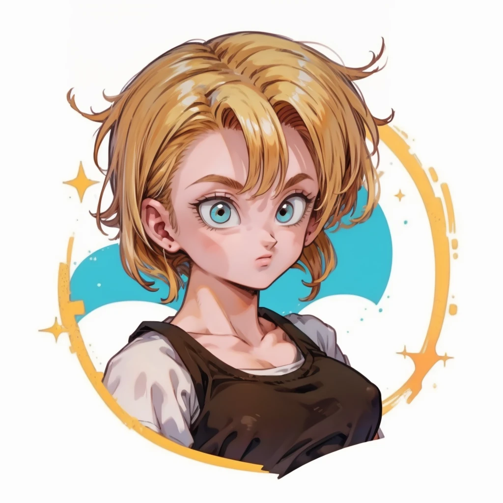 ((1girl, android18_dbz, 1girl, white background, blonde hair, white shirt)), upper body, anatomically correct, short hair, chibi, simple background, smile, cleavage, looking at the viewer,