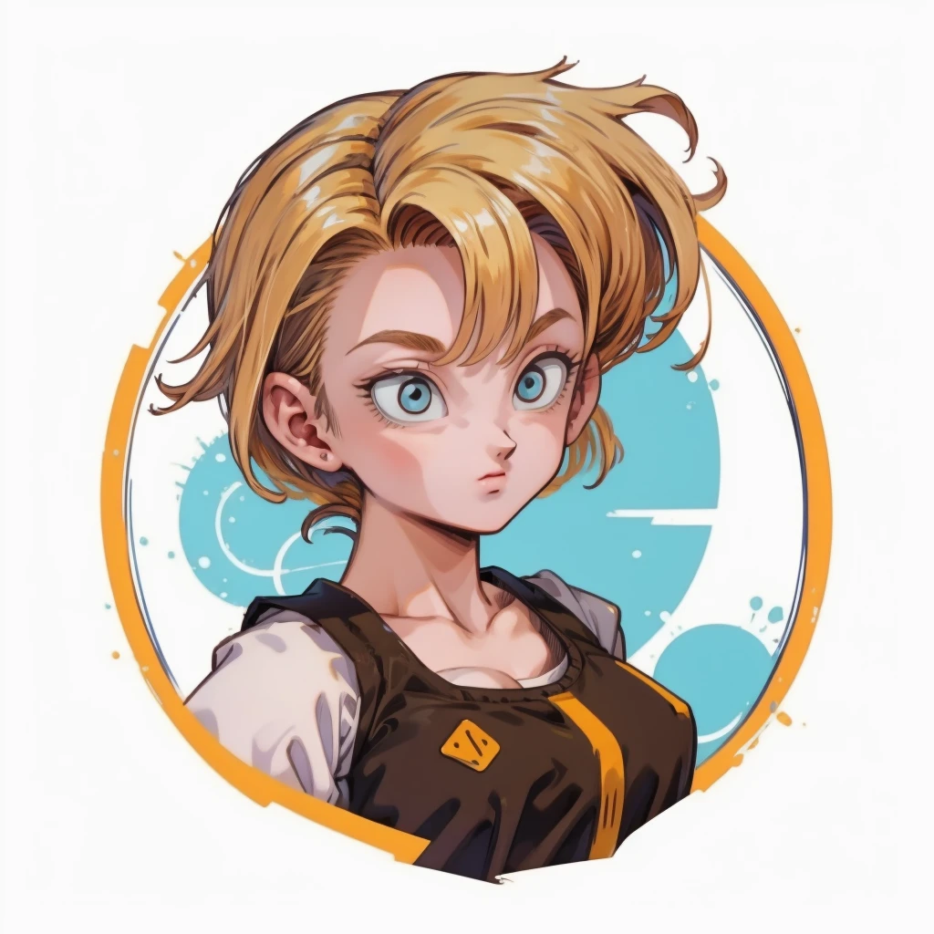 ((1girl, android18_dbz, 1girl, white background, blonde hair, white shirt)), upper body, anatomically correct, short hair, chibi, simple background, smile, cleavage, looking at the viewer,