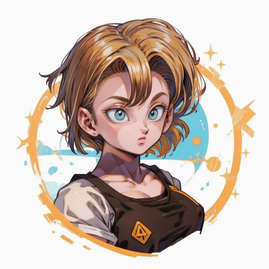 ((1girl, android18_dbz, 1girl, white background, blonde hair, white shirt)), upper body, anatomically correct, short hair, chibi, simple background, smile, cleavage, looking at the viewer,