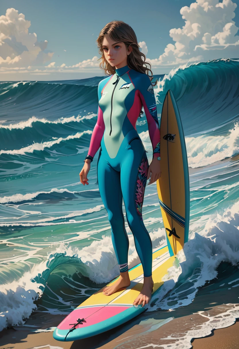 female Shark, dressed like girl, Surfing suit, surfboard, sea, waves, Dressed animals page, full body, cinematic still, cinemascope, best quality, masterpiece, very aesthetic, perfect composition, intricate details, ultra-detailed, vivid colors