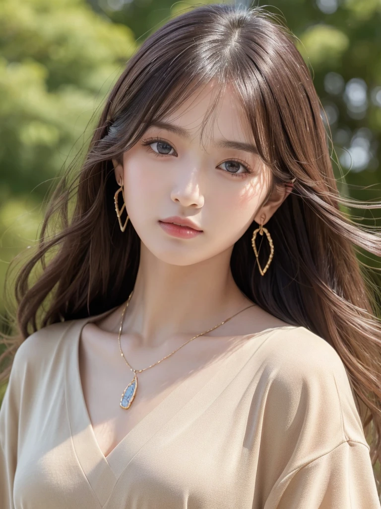 ((Highest quality, 8K, masterpiece:1.3)), concentrate: 1.2, Perfect body beauty: 1.4, Hips: 1.2, ((Long Hair, chest: 1.2)), (Dry clothes: 1.1) , (clear, Simple Background:1.3), Simple clothes: 1.1, Highly detailed face and skin texture,Delicate eyes, double eyelid, Whitened skin, Rough skin、Long Hair、Earrings with bangs、necklace、 solo、Beige coat、White shirt, (((Beautiful girl with cute Japan)))、 ((Beautiful Japanese girl 20 years old))、 ((Baby Face))、 (((Slender body)))、 Upper Body,Face focus、necklace,Simple Background,From above, Realistic Hair、 A photograph was taken:Canon EOS R6、135mm、1/1250 seconds、f2.8、ISO400、(Detailed explanation of the hand)、(Masseter muscle area)、(Exquisite CG)、Long Hair, loose and curly hair、Korean Hair、Long Hair明るいベージュ色、グラデーションハイライトグレージュのゆるふわLong Hairスタイル、