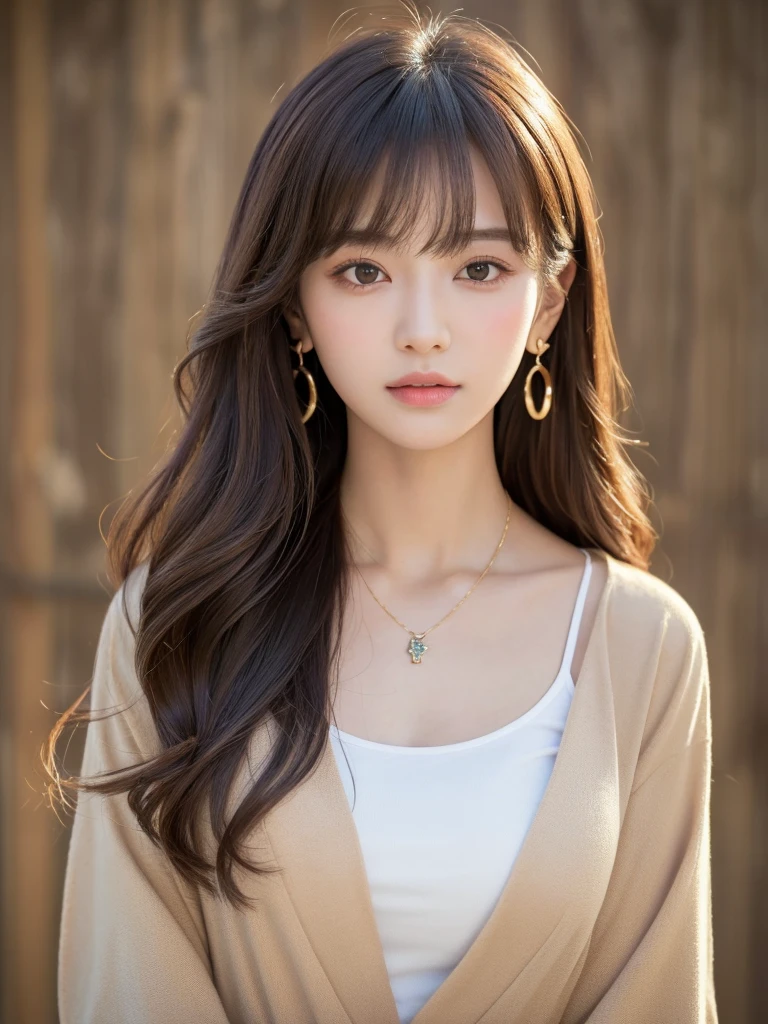 ((Highest quality, 8K, masterpiece:1.3)), concentrate: 1.2, Perfect body beauty: 1.4, Hips: 1.2, ((Long Hair, chest: 1.2)), (Dry clothes: 1.1) , (clear, Simple Background:1.3), Simple clothes: 1.1, Highly detailed face and skin texture,Delicate eyes, double eyelid, Whitened skin, Rough skin、Long Hair、Earrings with bangs、necklace、 solo、Beige coat、White shirt, (((Beautiful girl with cute Japan)))、 ((Beautiful Japanese girl 20 years old))、 ((Baby Face))、 (((Slender body)))、 Upper Body,Face focus、necklace,Simple Background,From above, Realistic Hair、 A photograph was taken:Canon EOS R6、135mm、1/1250 seconds、f2.8、ISO400、(Detailed explanation of the hand)、(Masseter muscle area)、(Exquisite CG)、Long Hair, loose and curly hair、Korean Hair、Long Hair明るいベージュ色、グラデーションハイライトグレージュのゆるふわLong Hairスタイル、