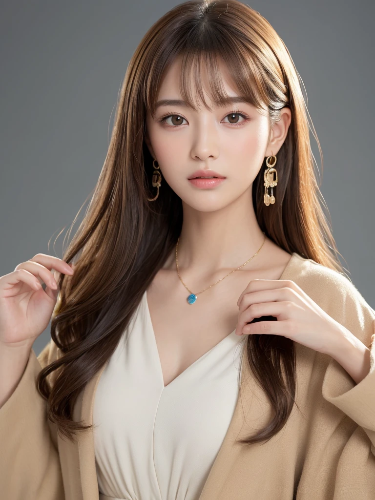 ((Highest quality, 8K, masterpiece:1.3)), concentrate: 1.2, Perfect body beauty: 1.4, Hips: 1.2, ((Long Hair, chest: 1.2)), (Dry clothes: 1.1) , (clear, Simple Background:1.3), Simple clothes: 1.1, Highly detailed face and skin texture,Delicate eyes, double eyelid, Whitened skin, Rough skin、Long Hair、Earrings with bangs、necklace、 solo、Beige coat、White shirt, (((Beautiful girl with cute Japan)))、 ((Beautiful Japanese girl 20 years old))、 ((Baby Face))、 (((Slender body)))、 Upper Body,Face focus、necklace,Simple Background,From above, Realistic Hair、 A photograph was taken:Canon EOS R6、135mm、1/1250 seconds、f2.8、ISO400、(Detailed explanation of the hand)、(Masseter muscle area)、(Exquisite CG)、Long Hair, loose and curly hair、Korean Hair、Long Hair明るいベージュ色、グラデーションハイライトグレージュのゆるふわLong Hairスタイル、