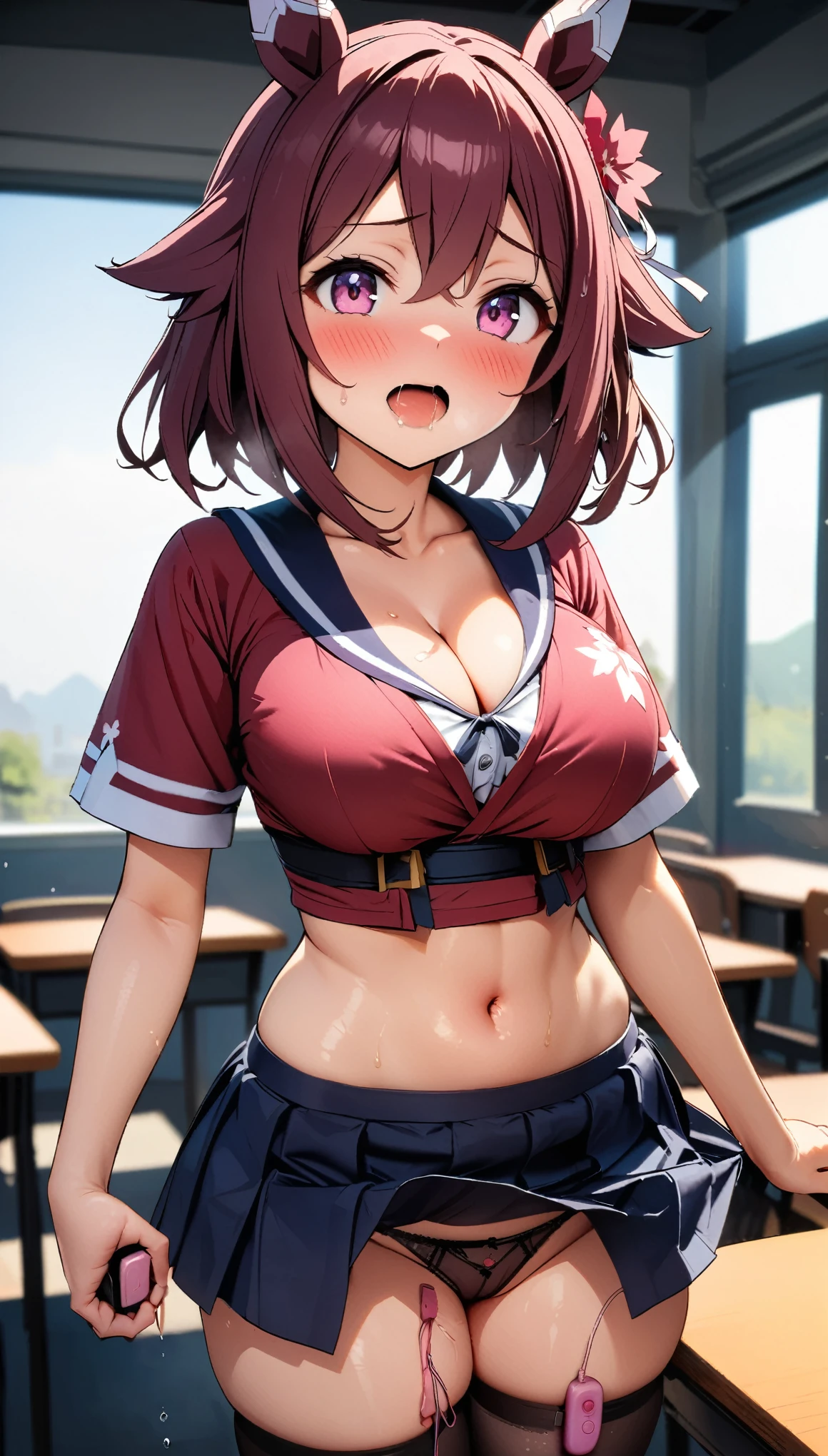 [1girl, sakura chiyono o \(umamusume\), umamusume], (goblin slayer!), (throw_hand, pink vibrator remote switch in throw_hand, throw:1.2), Highest quality, Super detailed, masterpiece, Ultra-high resolution, 8K, Ridiculous, Cowboy Shooting, Blurred, Focus on the girl, Embarrassing, blush, Lovely, Open your mouth, What saliva leaves behind, Wet skirt hem, (Sticky panties:1.1), Bulging of the vibrator cord, Vibrator with Garters, (cleavage), Classroom Background, The skirt is accidentally exposed,(large breasts), (crop top navel), (waist line), Accidentally exposed panties