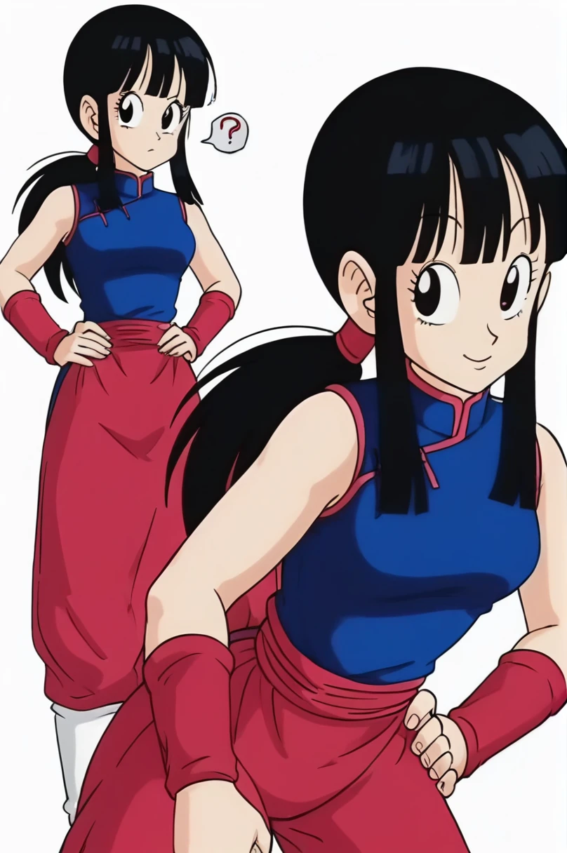 sauce_anime, score_9, score_8_superior, score_7_superior, anime screencap,8K, Absurd,
Who is who?, One girl, alone, Long Hair, chest, View your viewers, smile, bangs, Simple Background, Black Hair, White Background, Blue clothes, Bare shoulders, medium chest, ponytail, Side Lock, No sleeve, Recall, Red trousers, blunt bangs, Iris, eyelash, Chinese clothing, red wristbands, China dress, Hands on hips, (From behind)