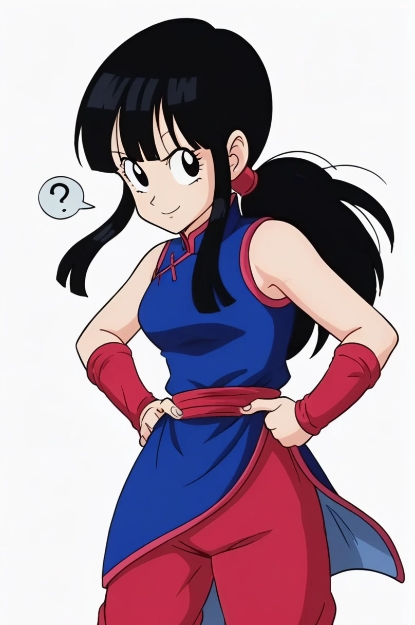 sauce_anime, score_9, score_8_superior, score_7_superior, anime screencap,8K, Absurd, 
Who is who?, One girl, alone, Long Hair, chest, View your viewers, smile, bangs, Simple Background, Black Hair, White Background, Blue clothes, Bare shoulders, medium chest, ponytail, Side Lock, No sleeve, Recall, Red trousers, blunt bangs, Iris, eyelash, Chinese clothing, red wristbands, China dress, Hands on hips, (From behind)
 