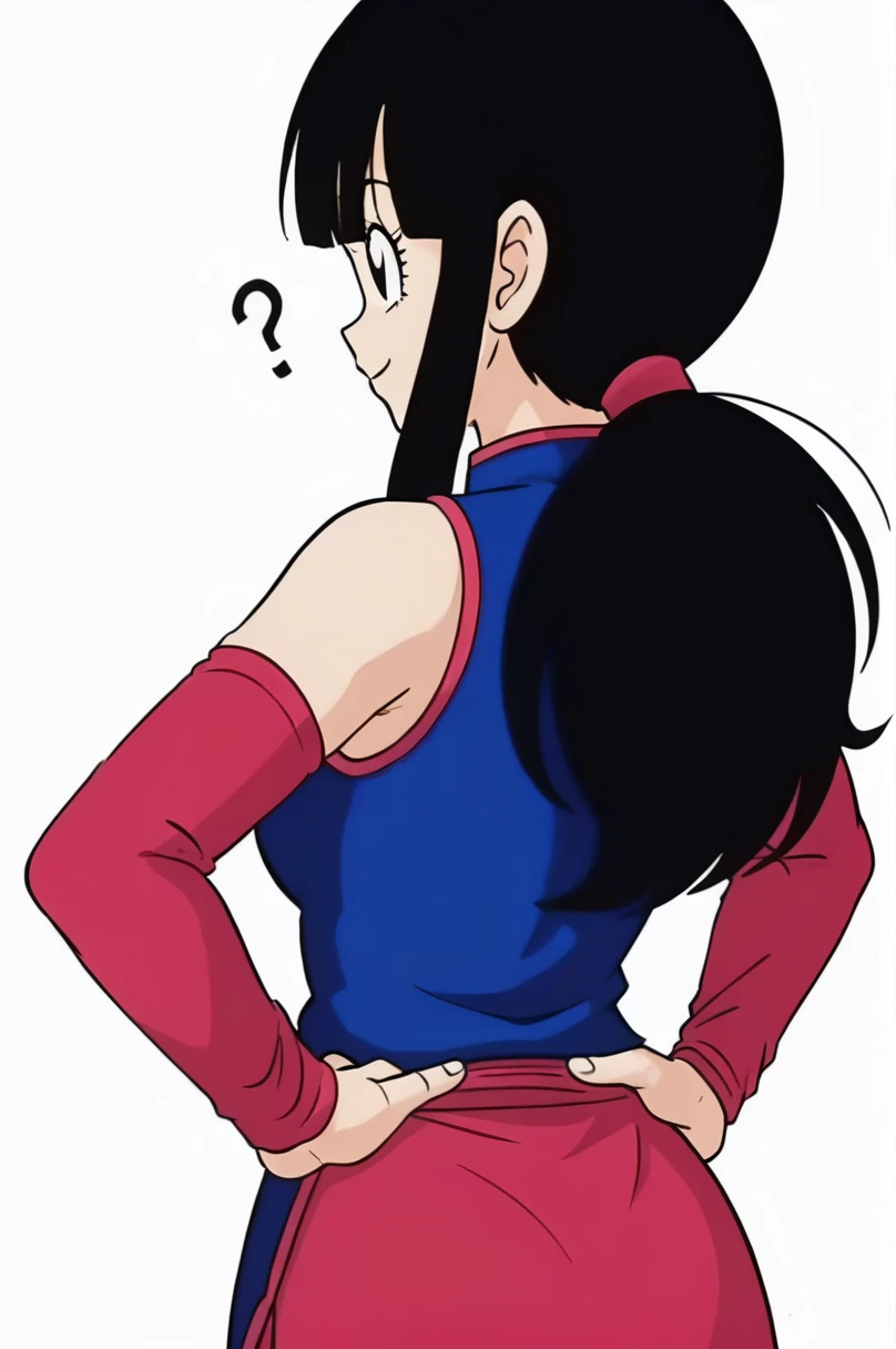 sauce_anime, score_9, score_8_superior, score_7_superior, anime screencap,8K, Absurd, 
Who is who?, One girl, alone, Long Hair, chest, View your viewers, smile, bangs, Simple Background, Black Hair, White Background, Blue clothes, Bare shoulders, medium chest, ponytail, Side Lock, No sleeve, Recall, Red trousers, blunt bangs, Iris, eyelash, Chinese clothing, red wristbands, China dress, Hands on hips, (From behind)
 